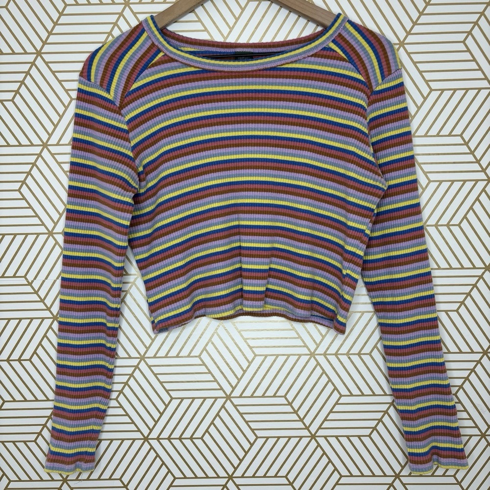 Ribbed Striped Long Sleeve Cropped Top XXL Stretch Y2K Scoop Neck Colorful Boho